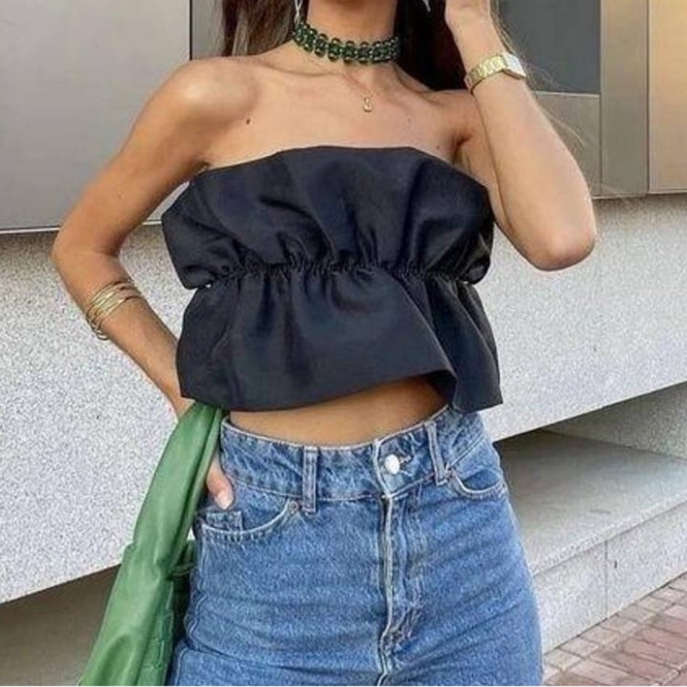 ZARA cropped ruffle tube top. Size S. Black